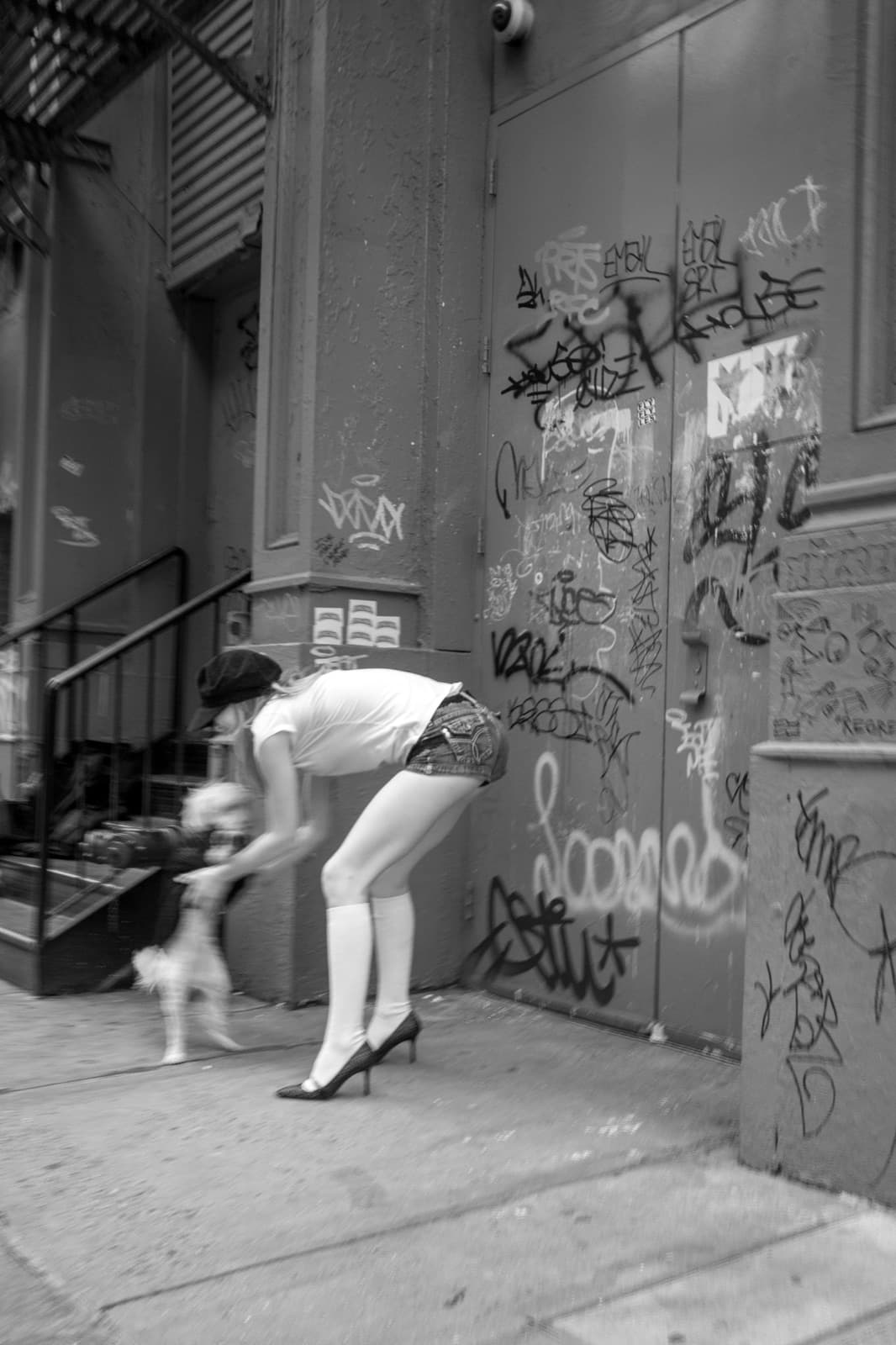 A person bends toward a small dog beside a graffiti-covered city doorway.