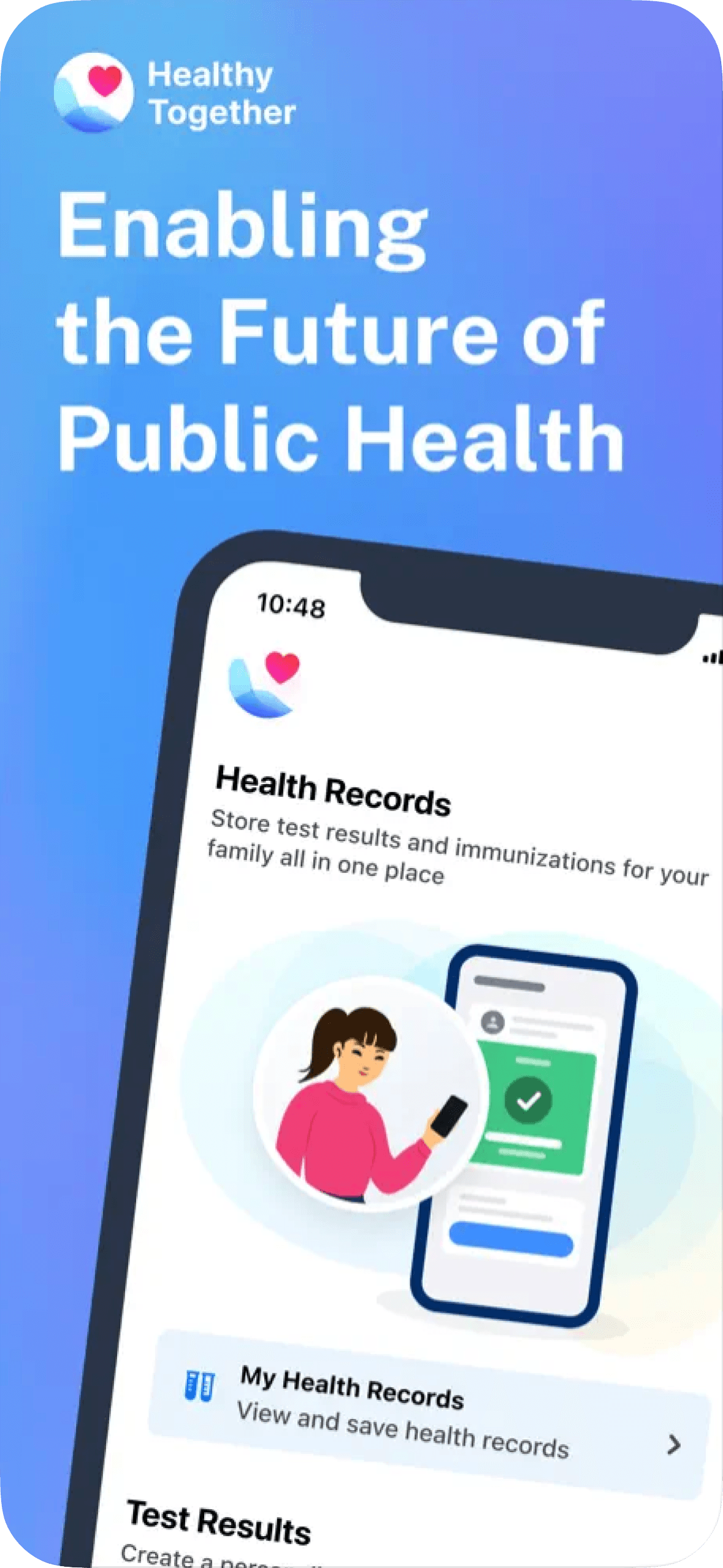 Healthy Together public-health marketing composition showing health records and test results in the mobile app