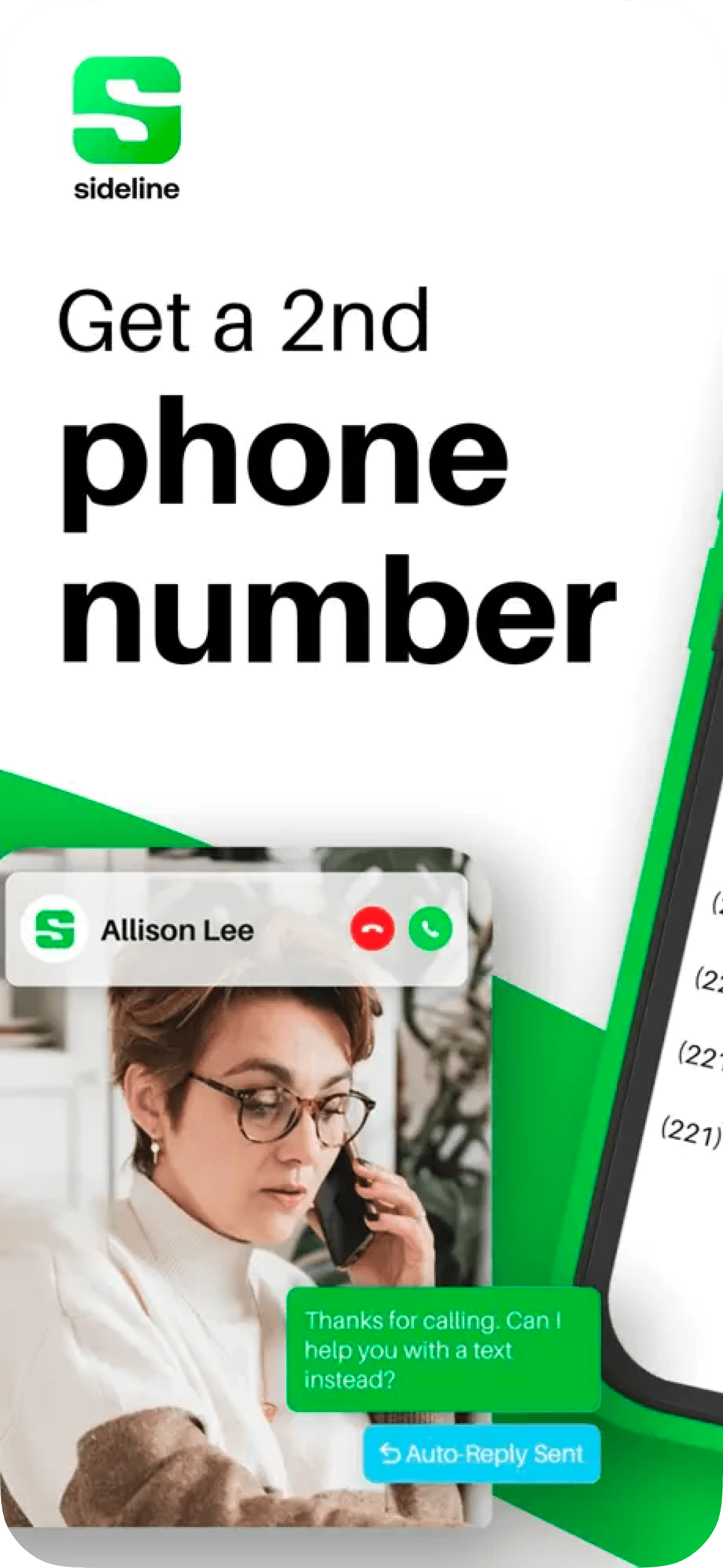 Sideline marketing composition showing a second-number calling and messaging workflow