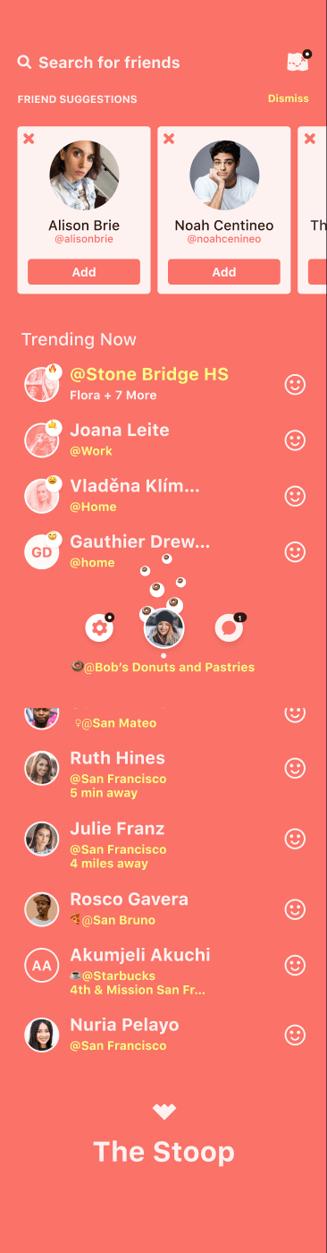 The Stoop discovery interface showing fictional friend suggestions and nearby activity