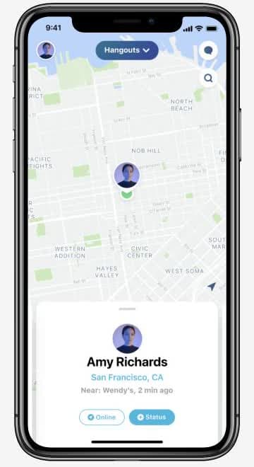 Twenty Hangouts prototype showing a live map, nearby presence, and status controls