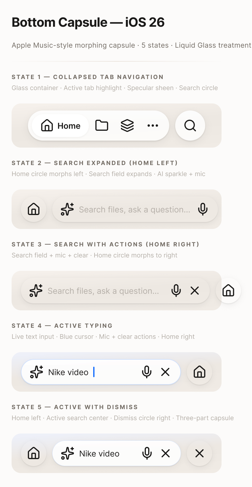 Authored five-state bottom capsule system used to construct the native SwiftUI prototype