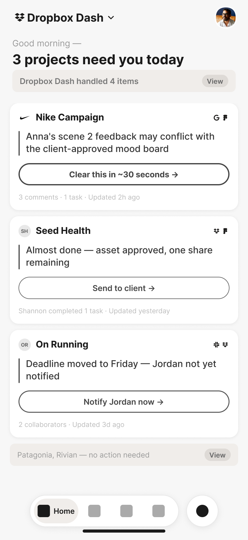 Early mobile wireframe organizing the projects that need attention