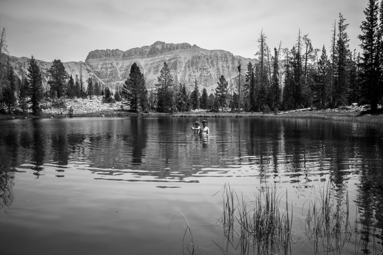 Still water reflects pines and a mountain ridge beneath a layered sky in black and white.