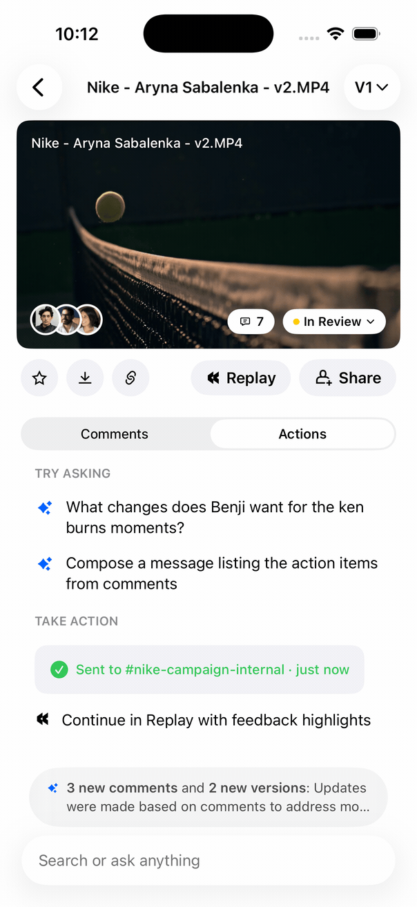 A file preview carries comments into an action surface, keeping the work and its consequence together.