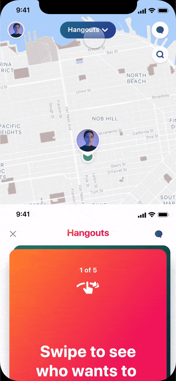 Twenty Hangouts prototype moves from a live map into a nearby match and status interaction