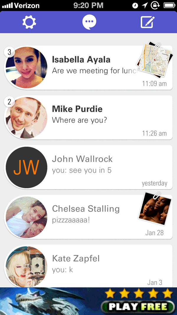 A 2013 Pinger messaging concept with photo and map attachments, animated as a Keynote magic-move interaction