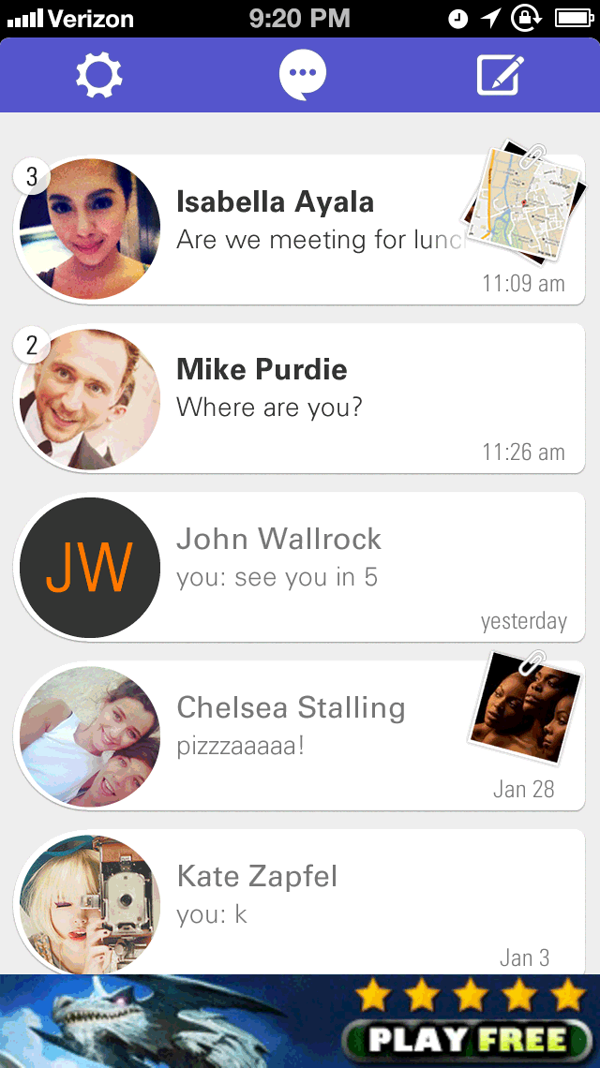 A 2013 Pinger messaging concept with photo and map attachments, animated as a Keynote magic-move interaction